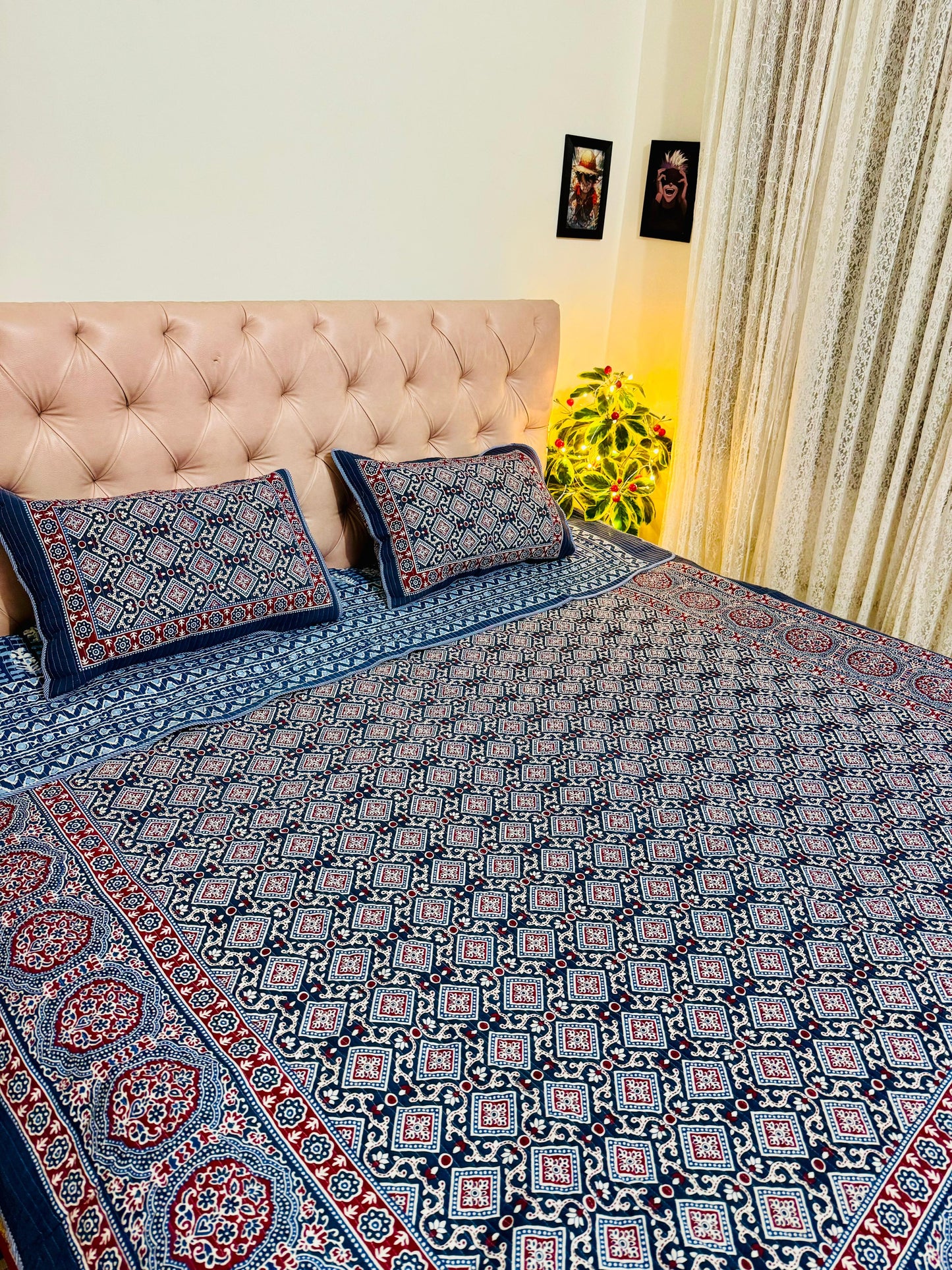 Boho blue quilted bedcover