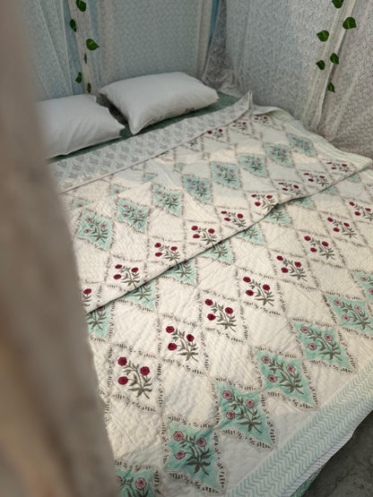 Hand block cotton Boho blue quilted bedcover