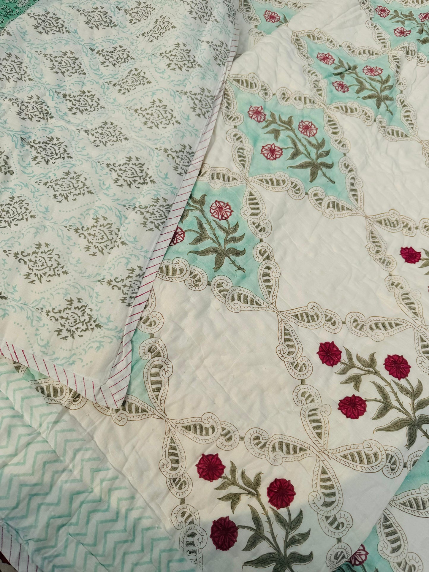 Hand block cotton Boho blue quilted bedcover